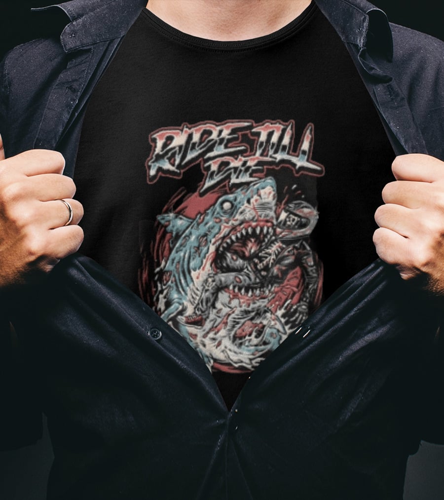 Ride Till Die Skeleton Biker Eaten By Shark T-Shirt