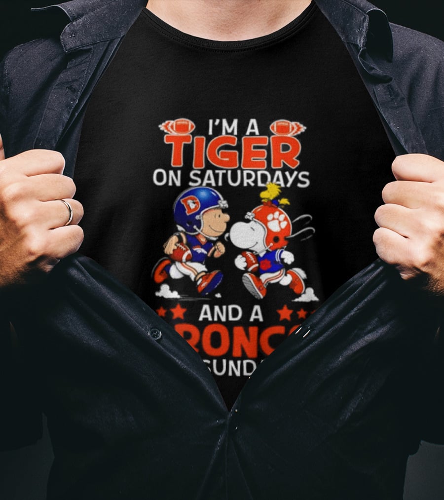 Snoopy And Charlie Brown I'm A Tiger On Saturdays And A Bronco On Sundays Football Fun T-Shirt