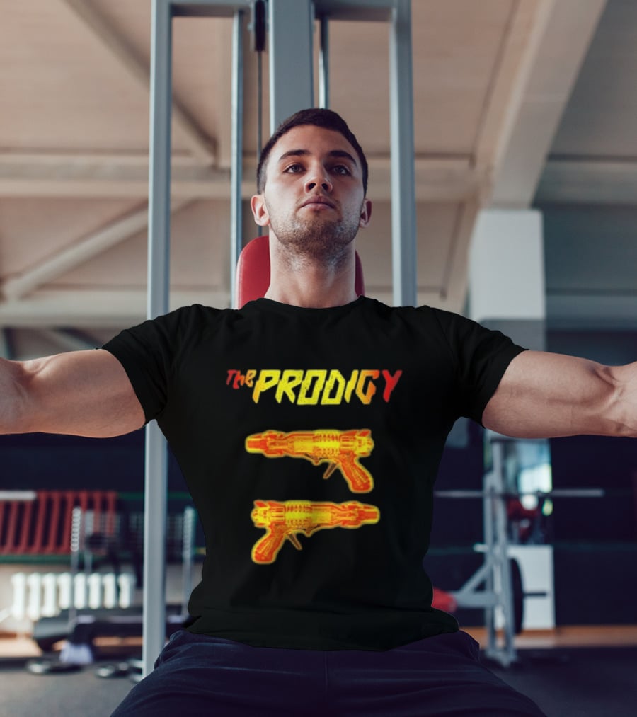 The Prodigy Rayguns Yellow And Red Bold Lettering With Dual Ray Guns T-Shirt