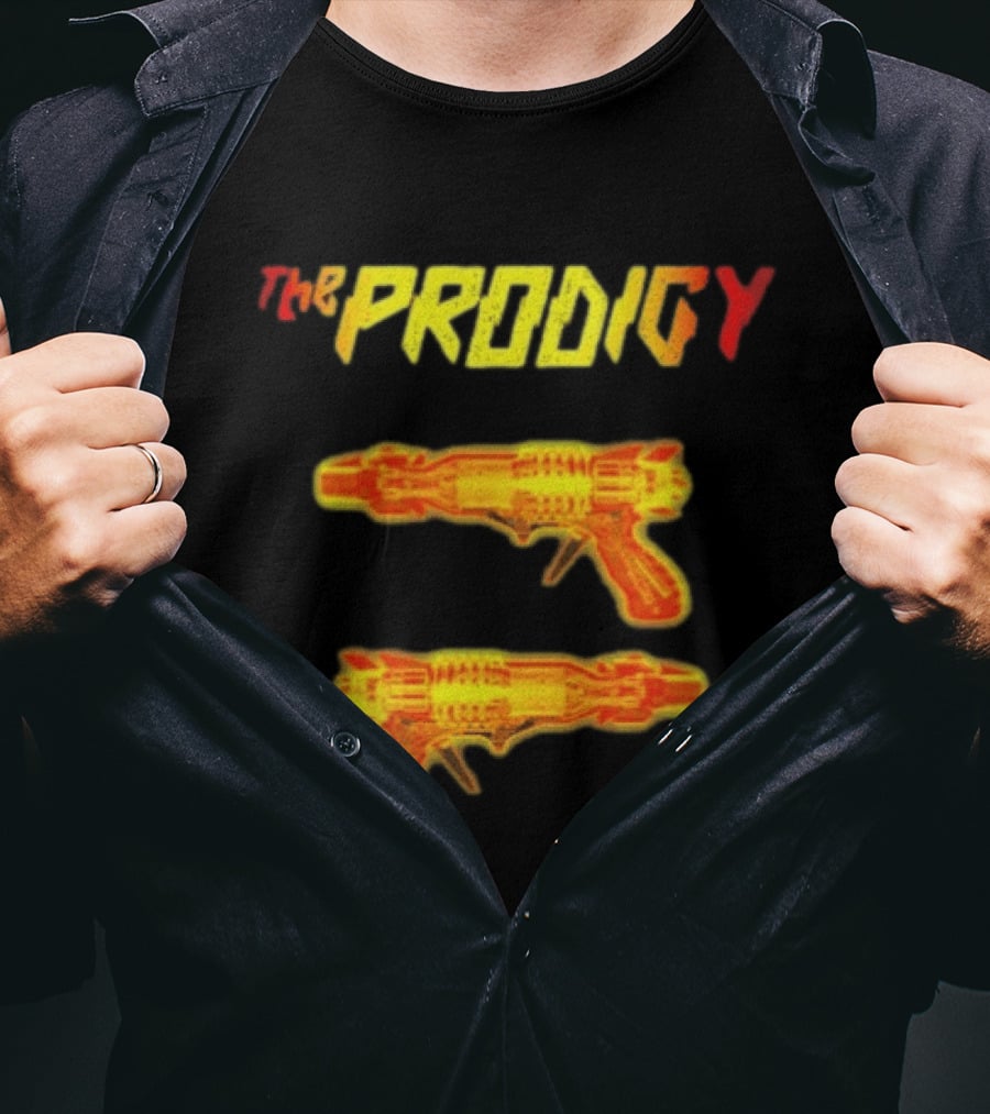 The Prodigy Rayguns Yellow And Red Bold Lettering With Dual Ray Guns T-Shirt