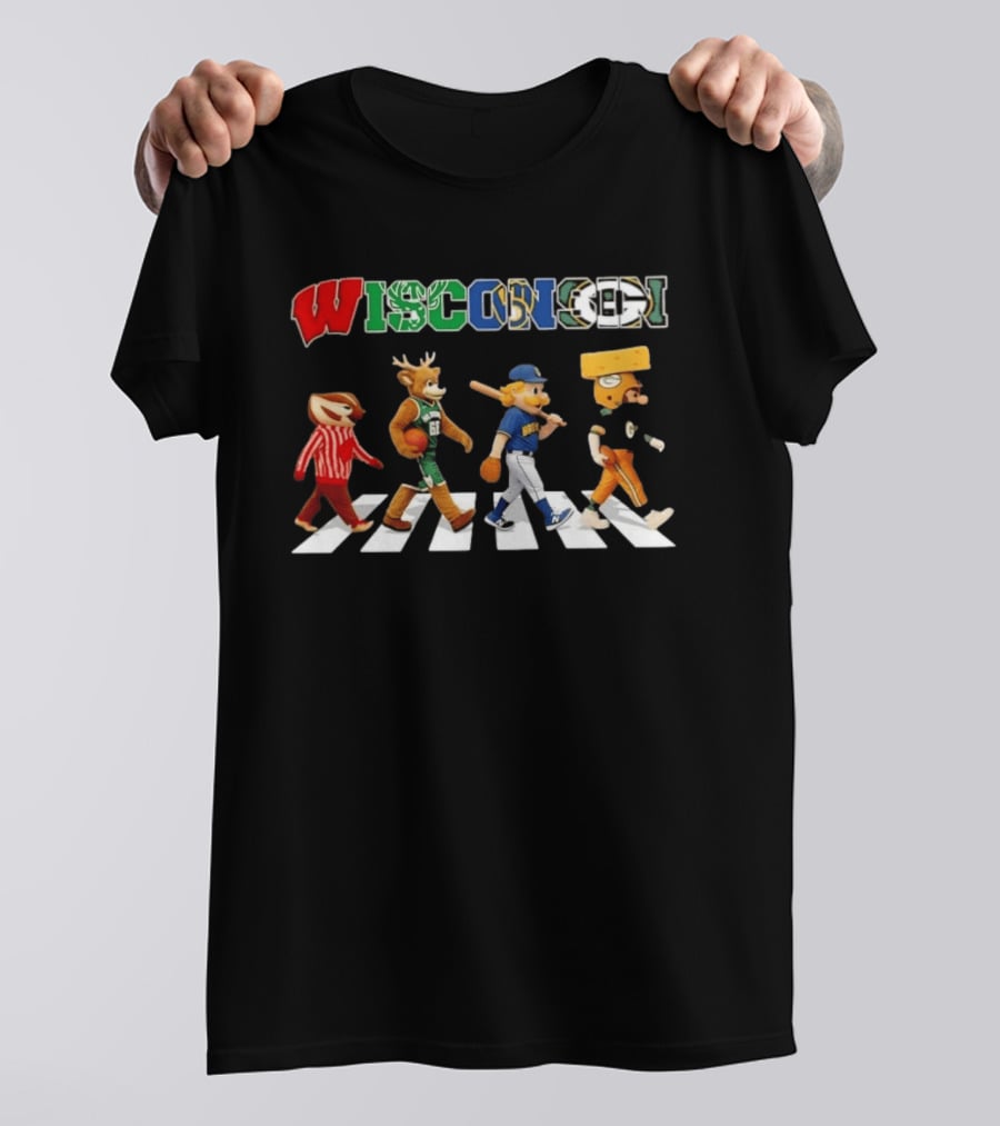 Wisconsin Sports Team Mascots Crossing Abbey Road Collage T-Shirt