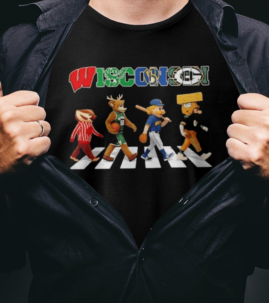 Wisconsin Sports Team Mascots Crossing Abbey Road Collage T-Shirt