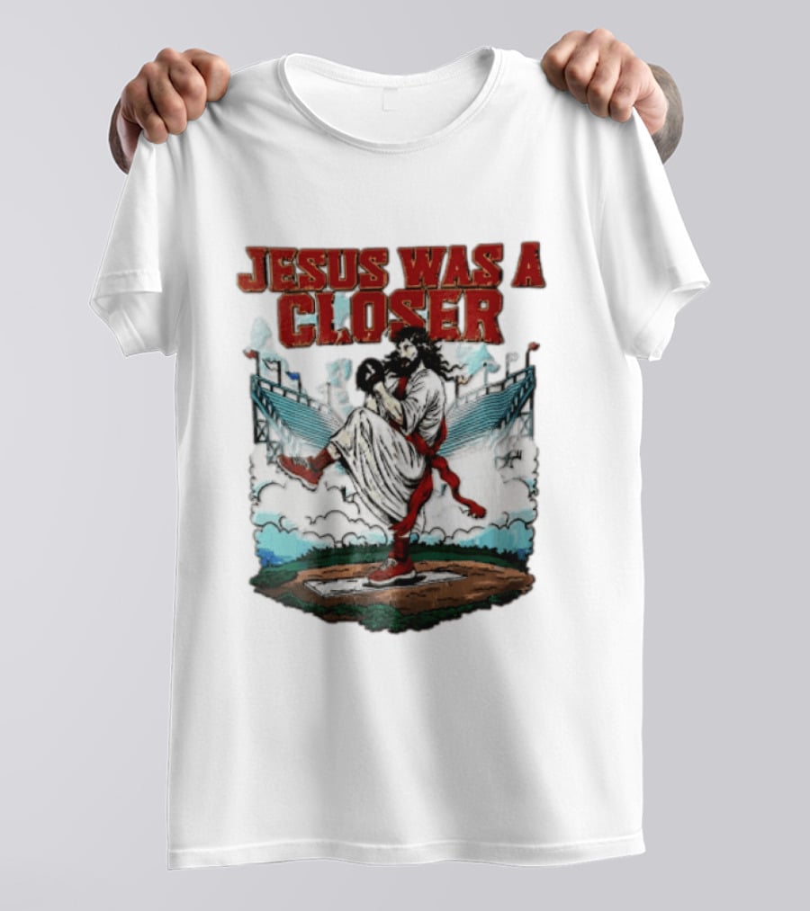 Jesus Was A Closer Baseball Pitcher Heavenly Stadium Scene T-Shirt