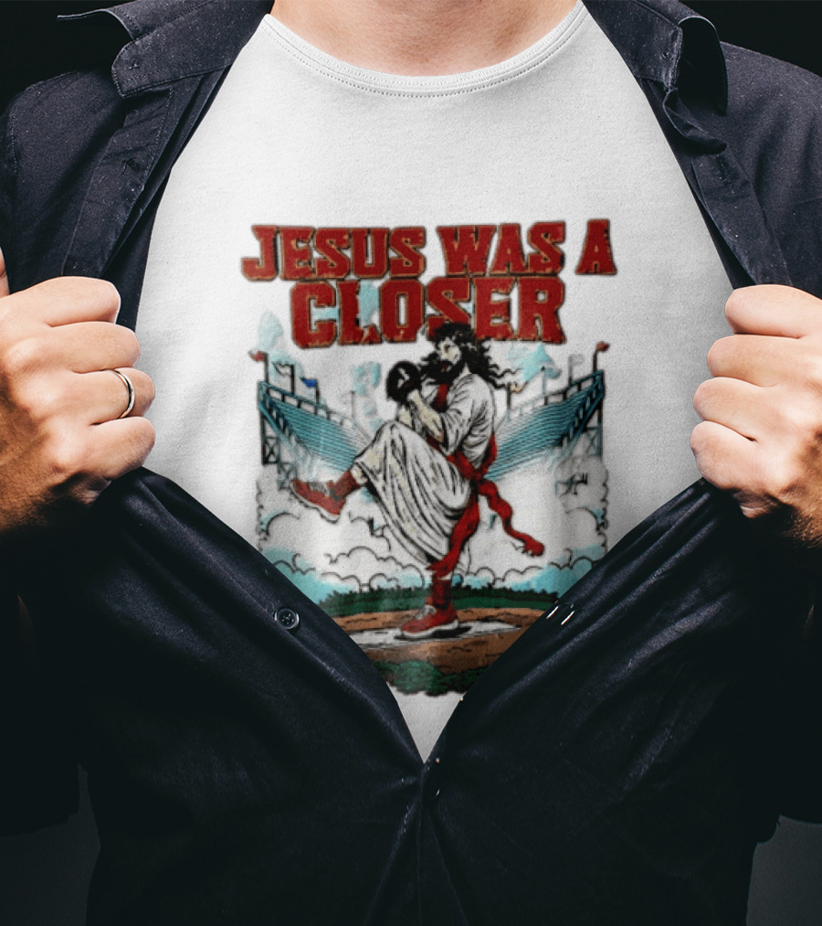 Jesus Was A Closer Baseball Pitcher Heavenly Stadium Scene T-Shirt