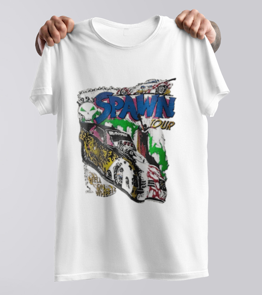 Spawn Tour Hell On Wheels Racing Car Skull Motif T-Shirt