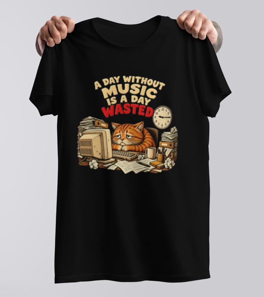 A Day Without Music Is A Day Wasted Sad Orange Cat Office Desk Motivation T-Shirt