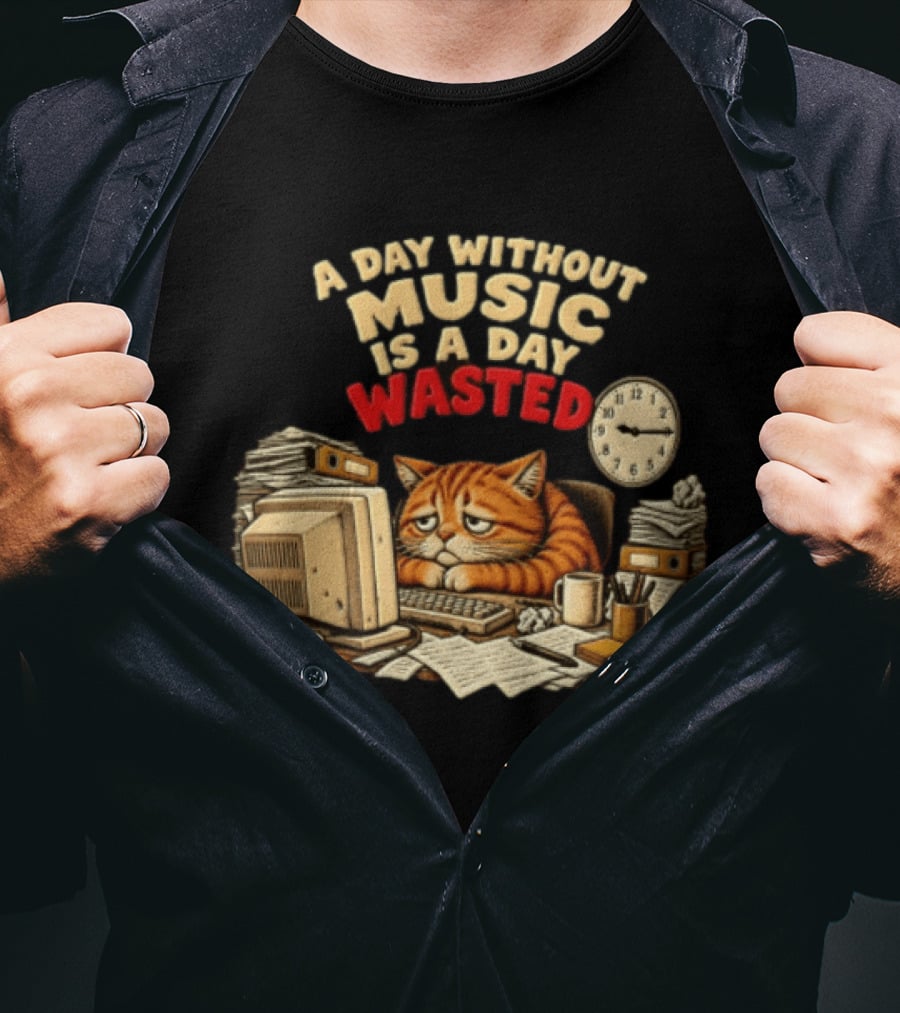 A Day Without Music Is A Day Wasted Sad Orange Cat Office Desk Motivation T-Shirt