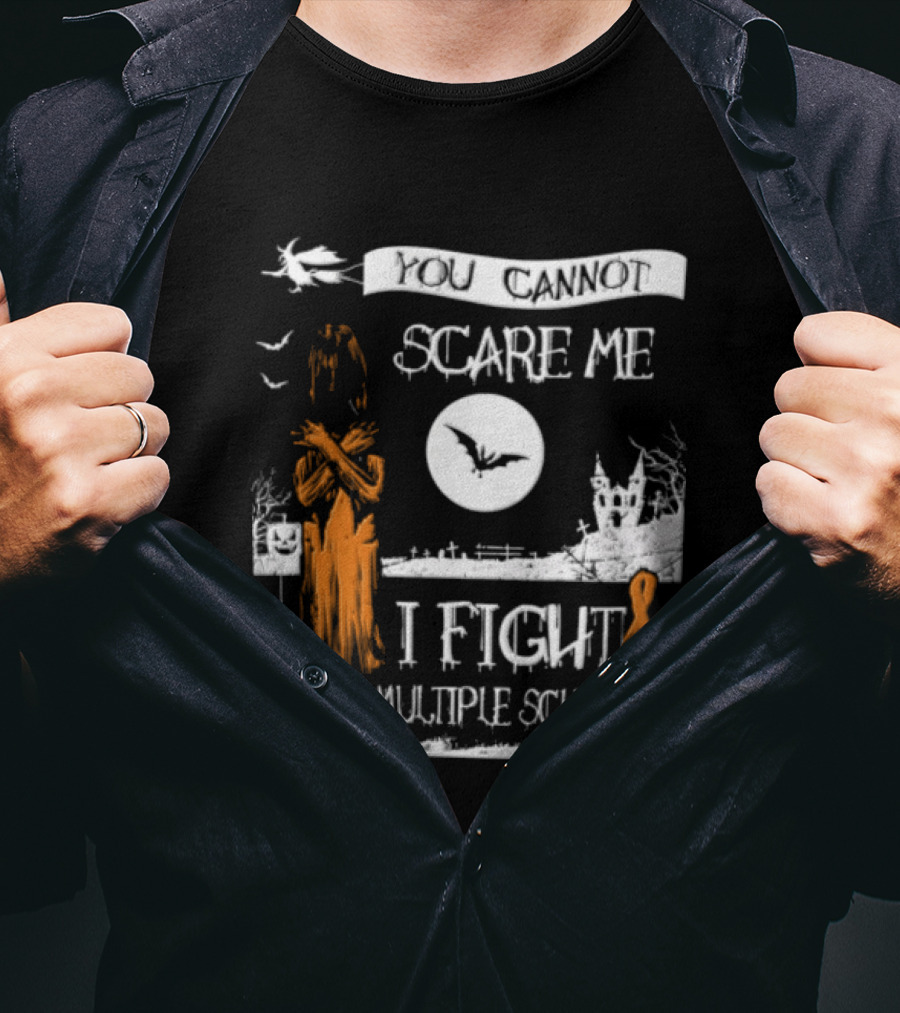 You Cannot Scare Me I Fight Multiple Sclerosis Halloween Witch Bats Moon Cemetery Ribbon T-Shirt