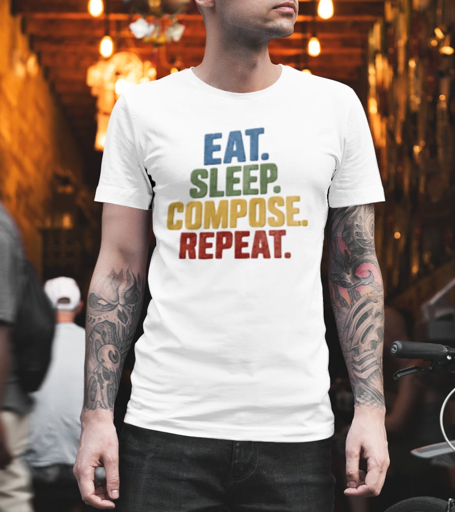EAT Sleep Compose Repeat Distressed Block Multicolored T-Shirt