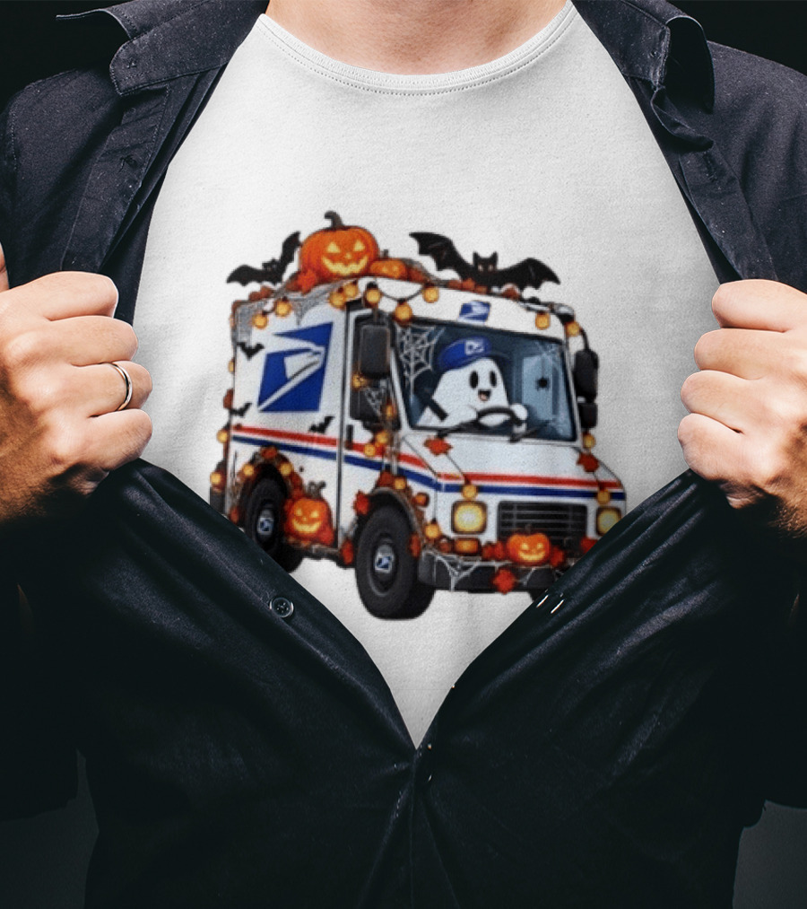 Halloween Ghost Driving USPS Mail Truck With Pumpkins And Bats T-Shirt