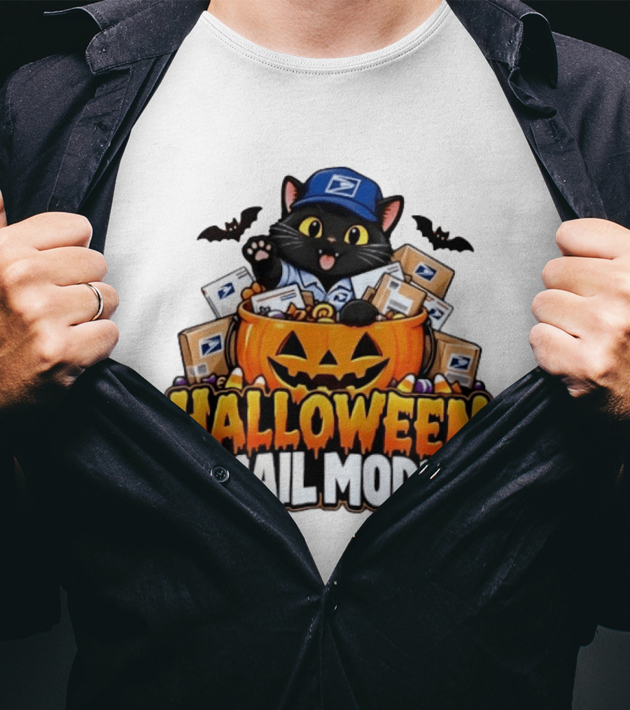 Halloween Mail Mode USPS Black Cat Pumpkin Postal Carrier T-Shirt