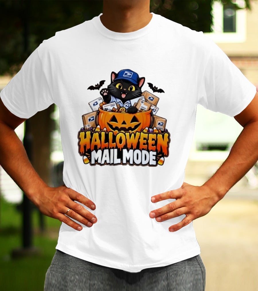 Halloween Mail Mode USPS Black Cat Pumpkin Postal Carrier T-Shirt