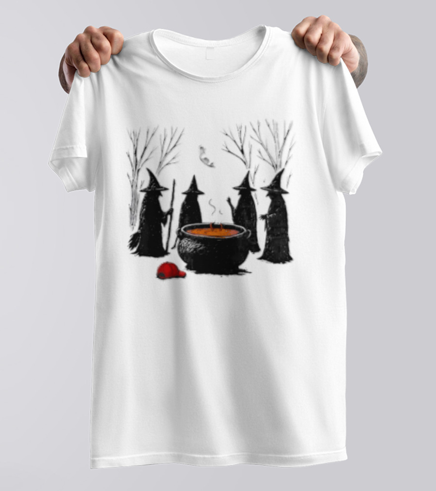 Witches Gathering Around Cauldron And Red Hat Halloween Scene T-Shirt