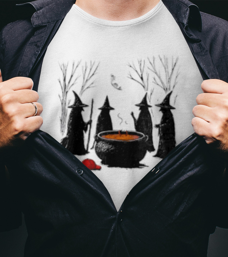 Witches Gathering Around Cauldron And Red Hat Halloween Scene T-Shirt
