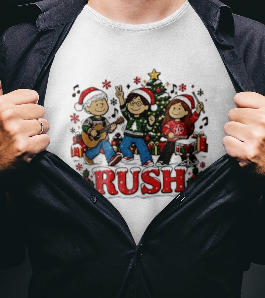 Rush Christmas Cartoon Characters Playing Instruments Festive Holiday Scene T-Shirt