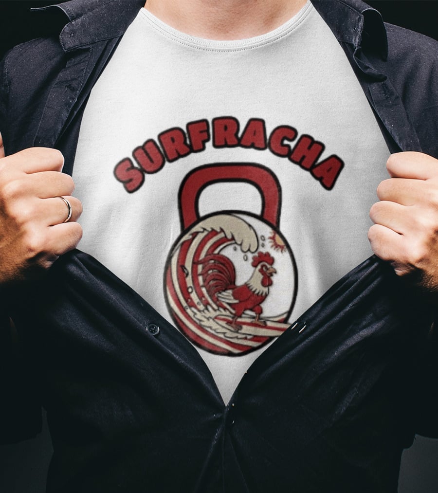 Surfracha Rooster Surfing Wave Kettlebell Sun Adventure T-Shirt