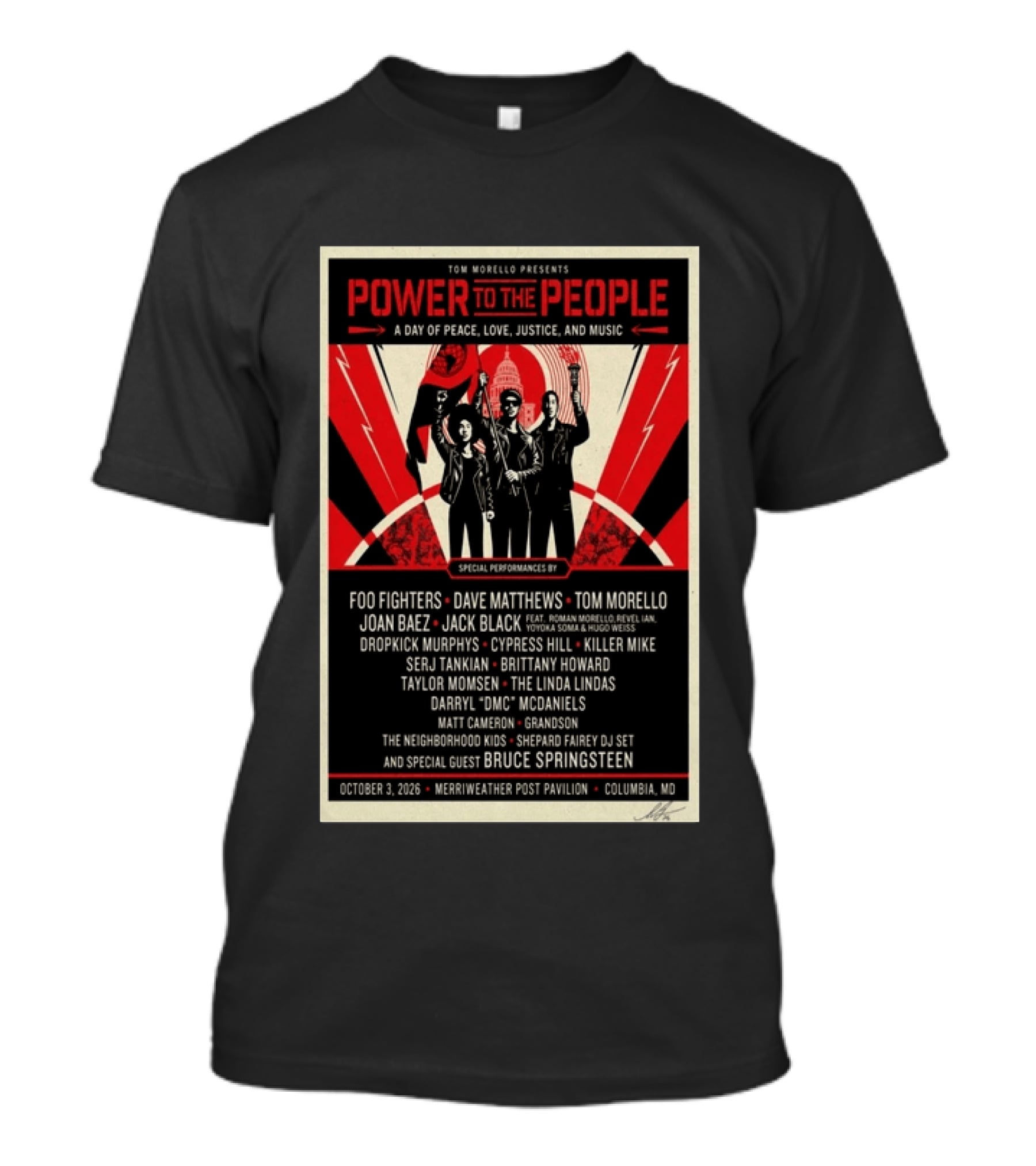 Tom Morello Presents Power To The People Festival Merriweather Post Pavilion Columbia MD October 3 2026 Featuring Foo Fighters Bruce Springsteen T-Shirt