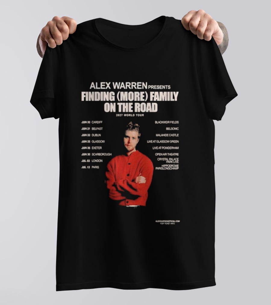 Alex Warren Presents Finding More Family On The Road 2027 World Tour Dates Featuring Europe Venues T-Shirt