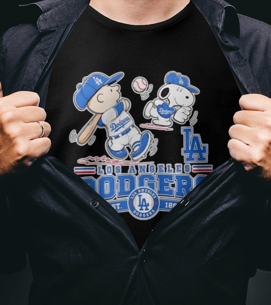 Peanuts Charlie Brown Snoopy Los Angeles Dodgers Baseball Est 1884 T-Shirt