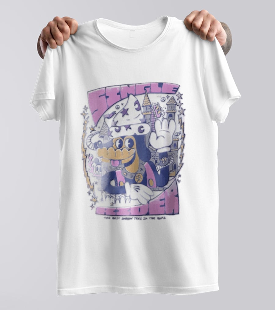 Single Rider Cartoon Dog Wizard With Hat And Spiked Collar Retro Fantasy Scene T-Shirt