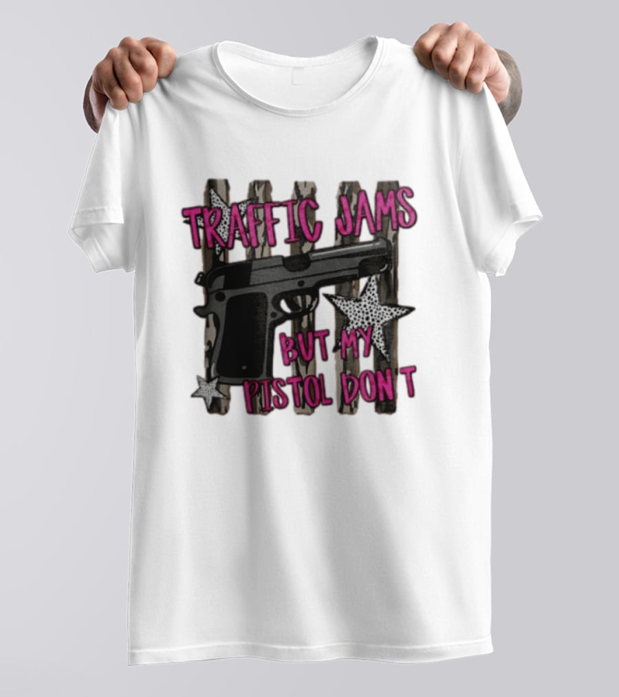 Traffic Jams But My Pistol Don't Handgun Over Stripes Leopard T-Shirt