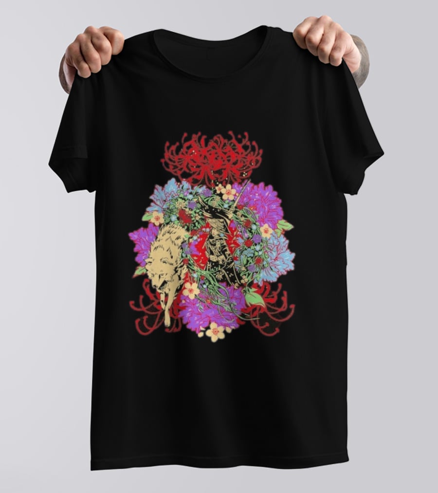 Beast Of Reincarnation Blooming Artistic Floral Samuraи Wolf Fusion T-Shirt