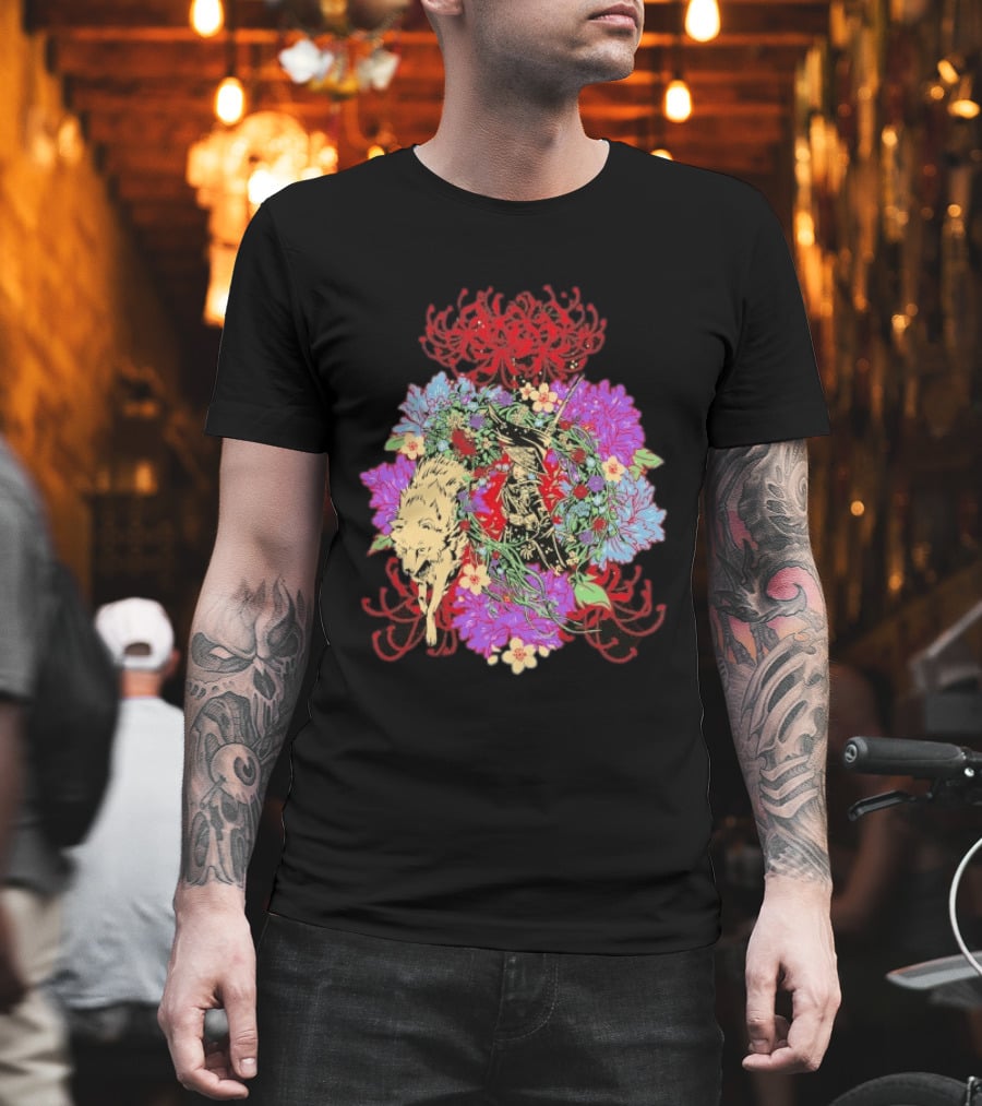 Beast Of Reincarnation Blooming Artistic Floral Samuraи Wolf Fusion T-Shirt