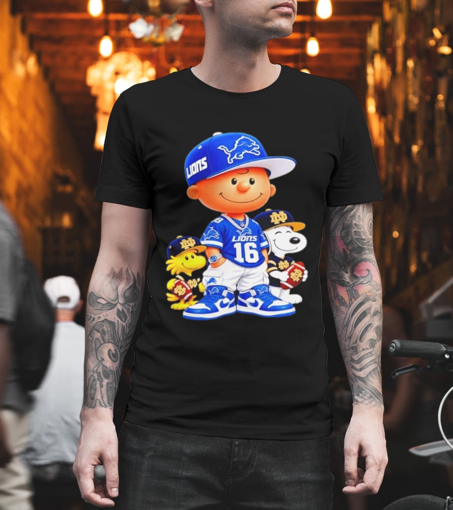 Charlie Brown Snoopy Woodstock Detroit Lions 16 Jersey Notre Dame Iconic Peanuts Characters T-Shirt