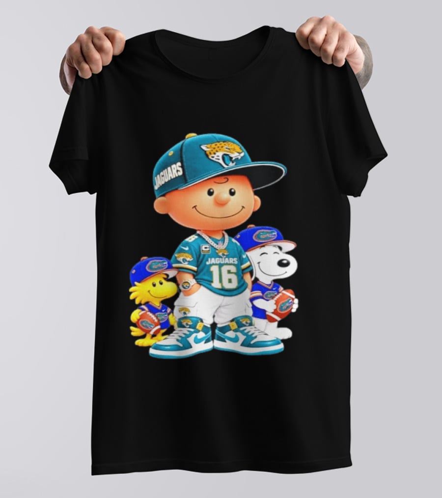 Charlie Brown With Snoopy And Woodstock Jacksonville Jaguars 16 Jersey Peanuts Football Fan Gear T-Shirt
