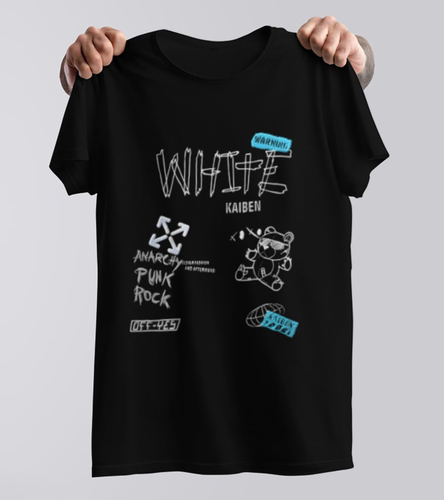 Kaiben White Cartoon Bear With Arrow Symbols And Blue Tape T-Shirt