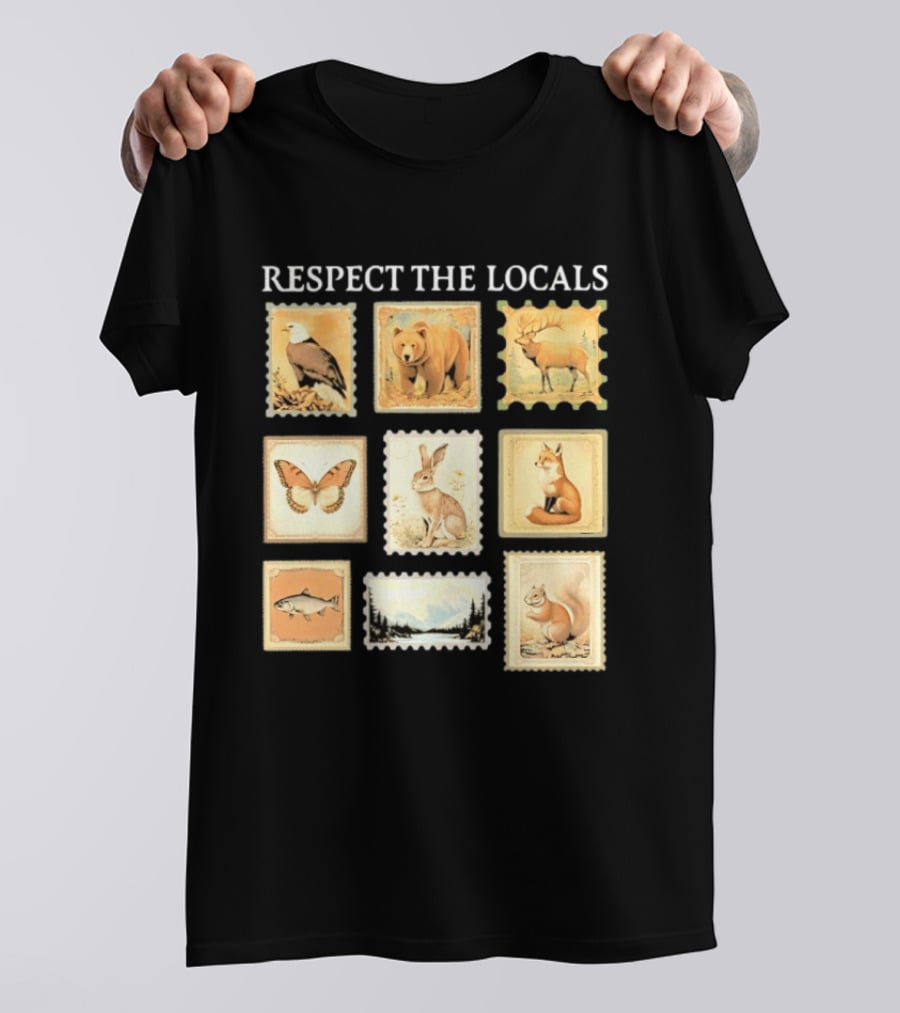 Respect The Locals Wildlife Stamp Collection With Bear Fox And Eagle T-Shirt