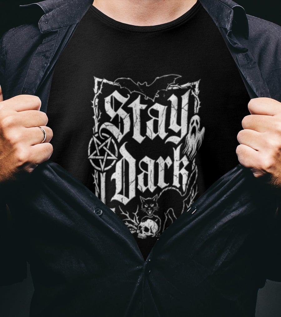 Stay Dark Gothic Bat Pentagram Ghost Black Cat Skull Thorns T-Shirt