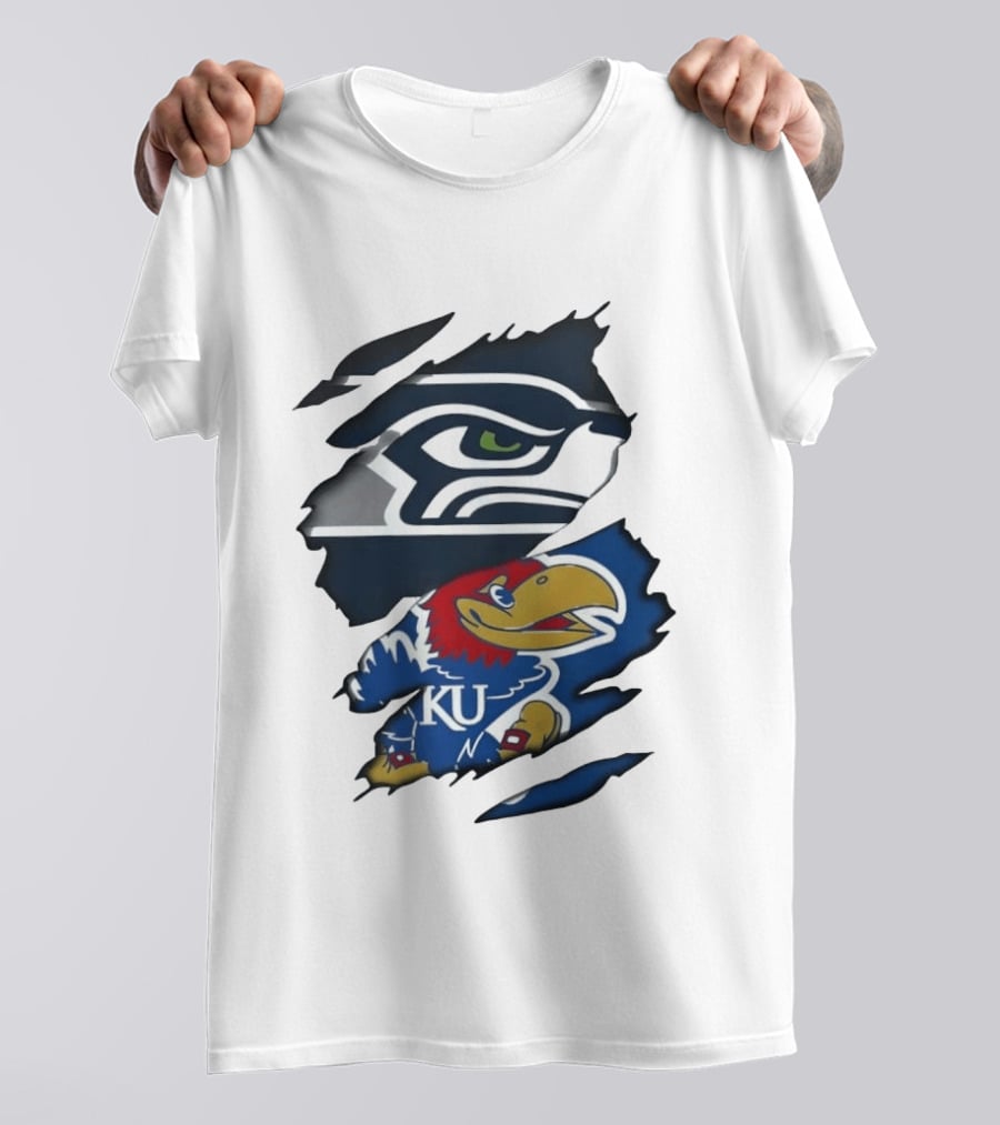 Seattle Seahawks And Kansas Jayhawks Torn Fabric Football And Basketball Fan Merchandise T-Shirt