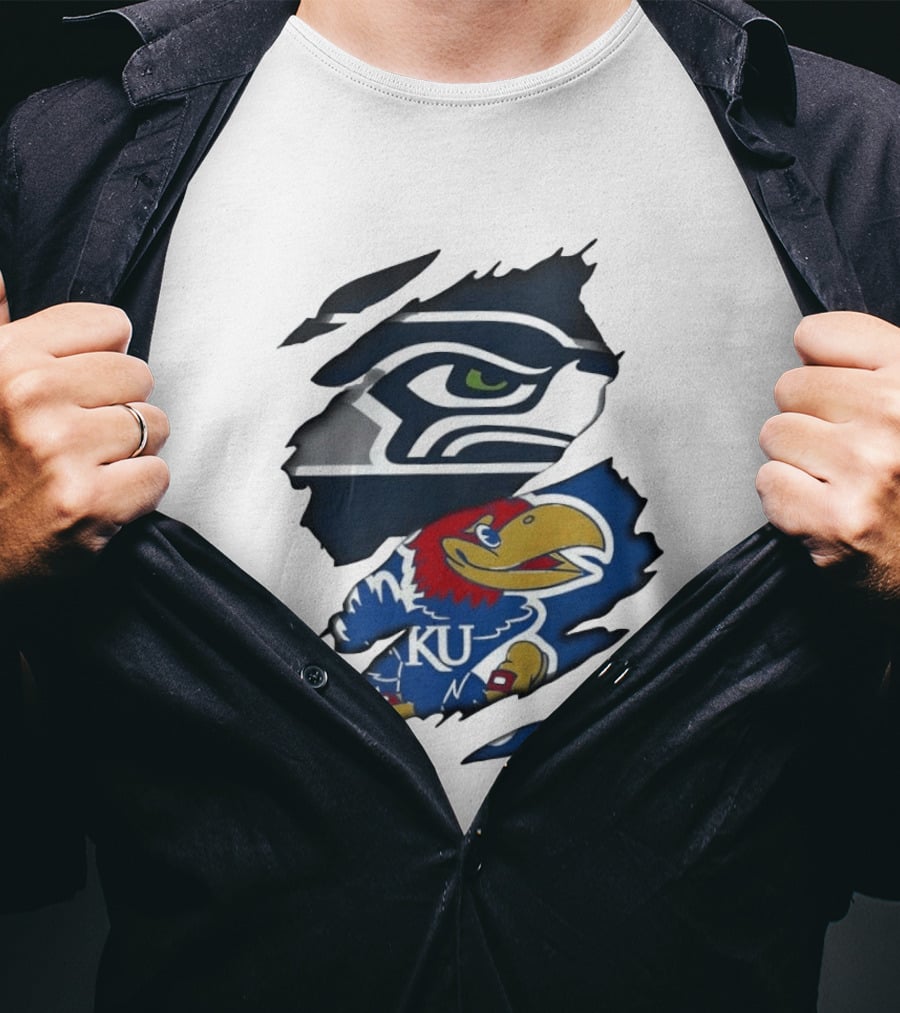 Seattle Seahawks And Kansas Jayhawks Torn Fabric Football And Basketball Fan Merchandise T-Shirt