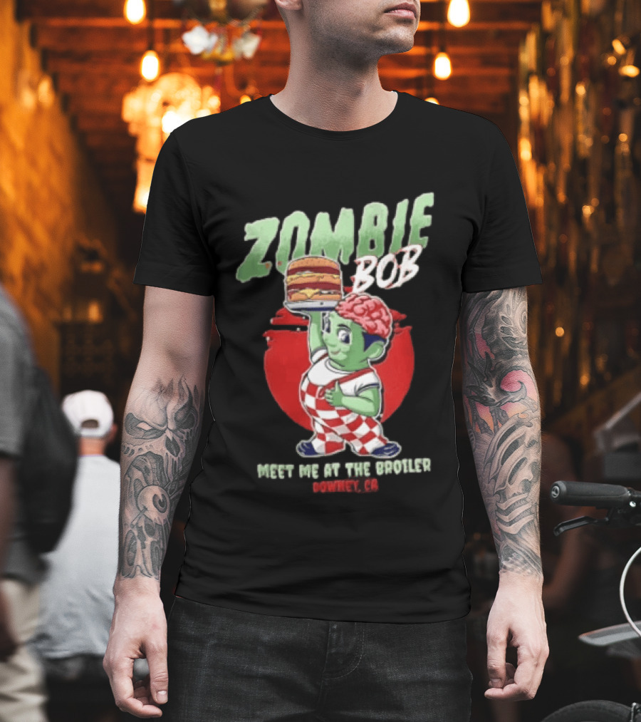 Zombie Bob Meet Me At The Broiler Downey CA Green With Exposed Brain T-Shirt