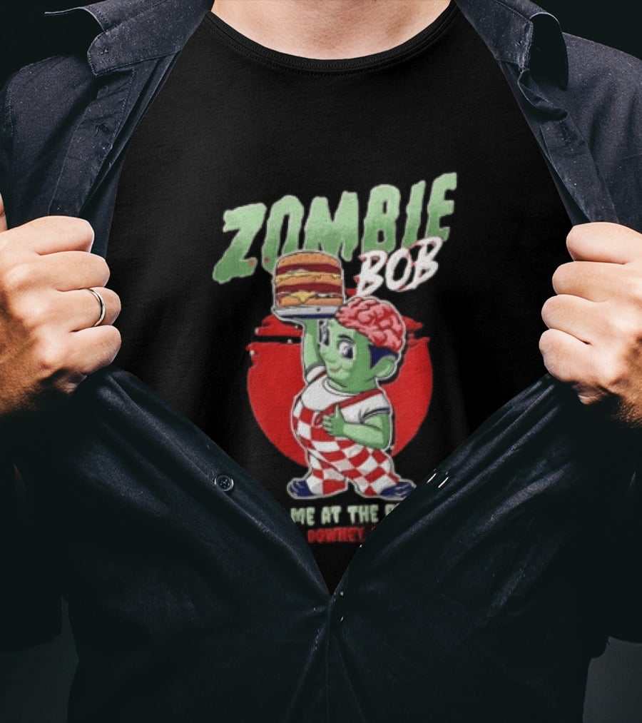Zombie Bob Meet Me At The Broiler Downey CA Green With Exposed Brain T-Shirt