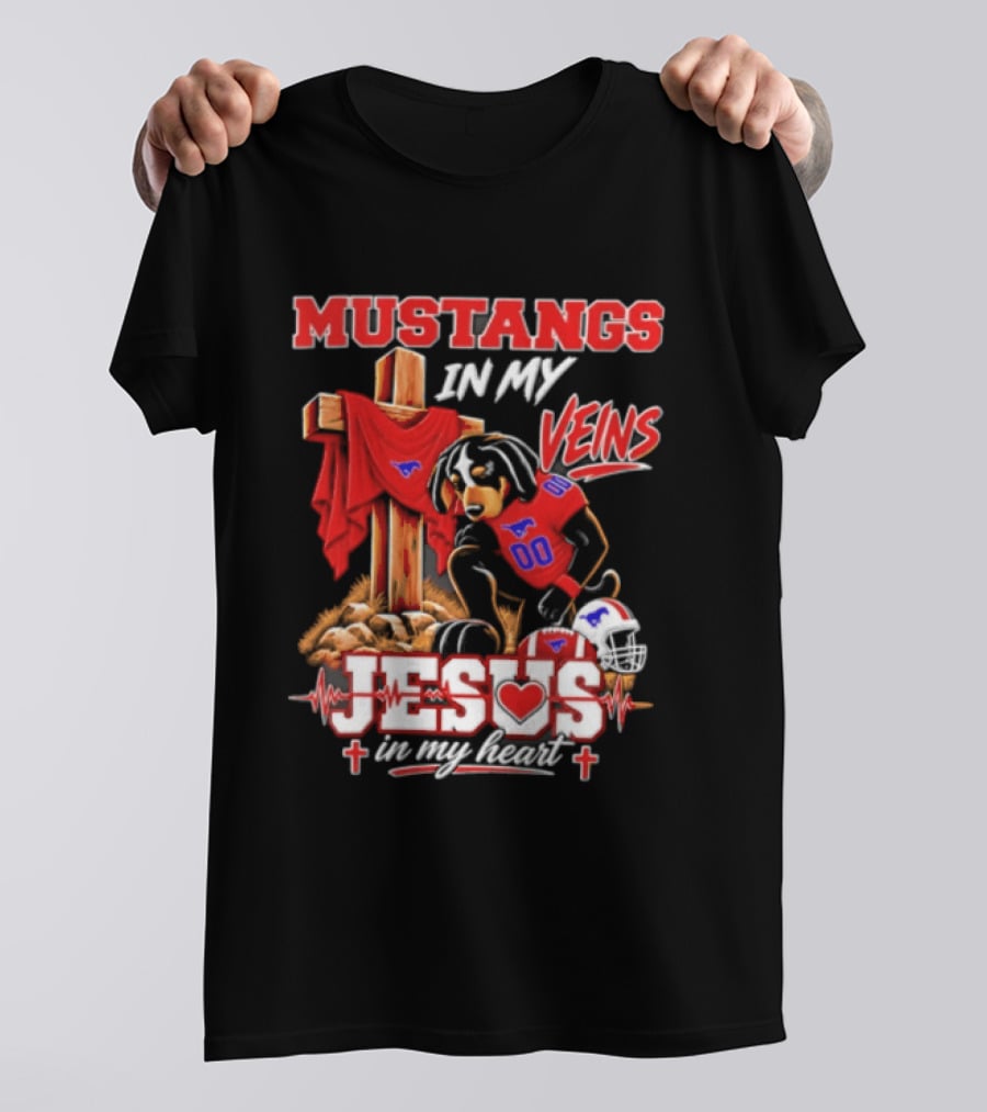Mustangs In My Veins Football Faith Jesus In My Heart T-Shirt