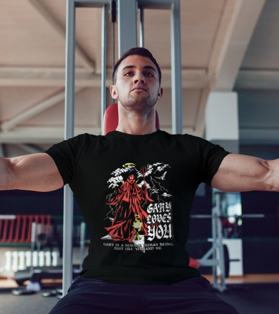 Gary Loves You Gary Is A Normal Human Being Just Like You And Me Red Cloaked Figure With Lightning And Clouds T-Shirt