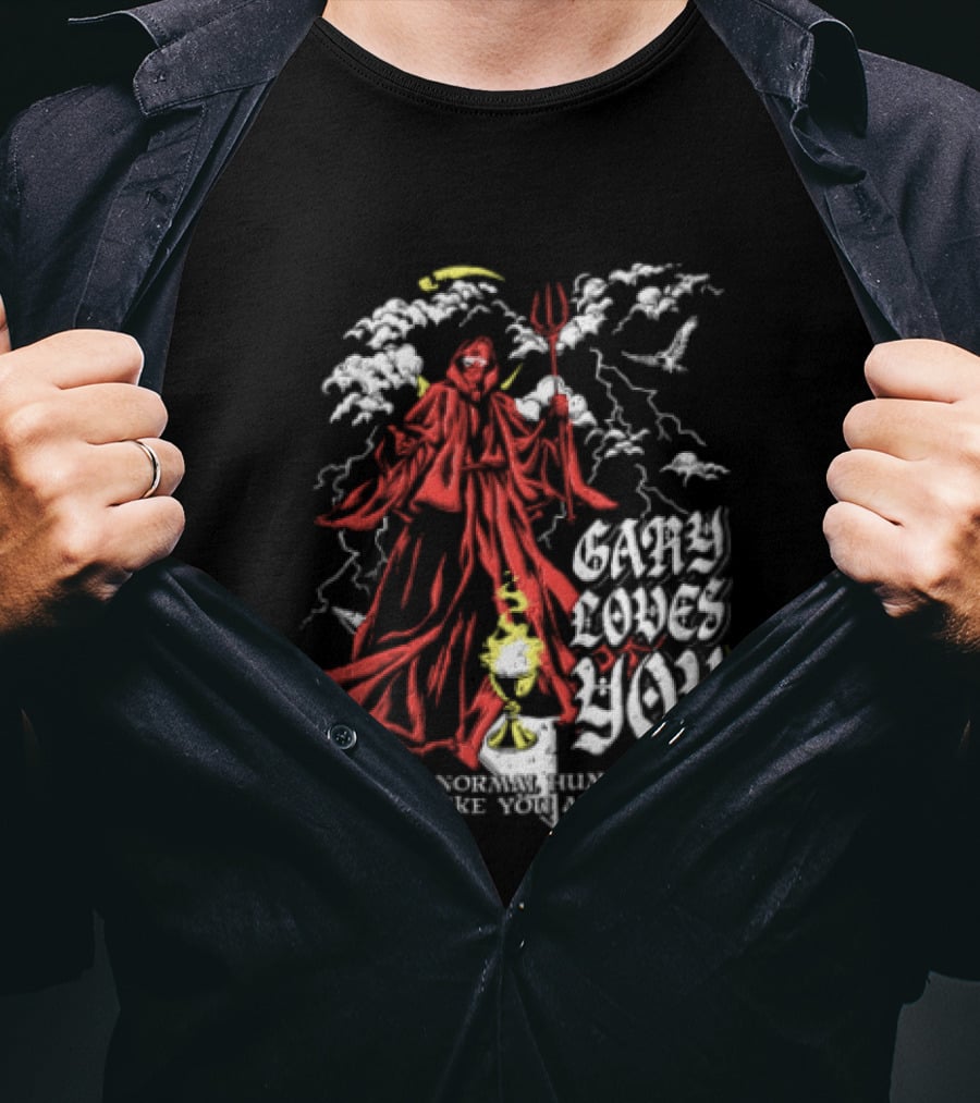 Gary Loves You Gary Is A Normal Human Being Just Like You And Me Red Cloaked Figure With Lightning And Clouds T-Shirt