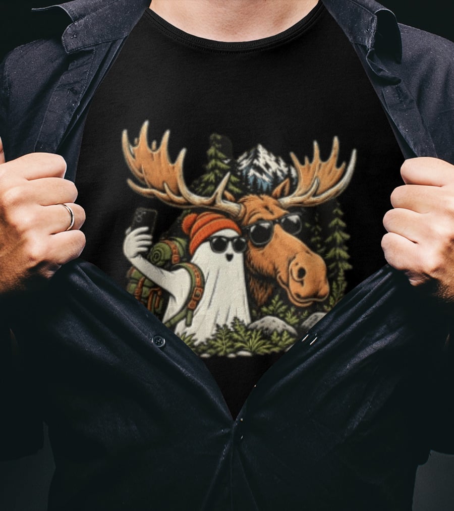 Ghost Backpack Selfie With Moose In Forest Adventure Scene T-Shirt