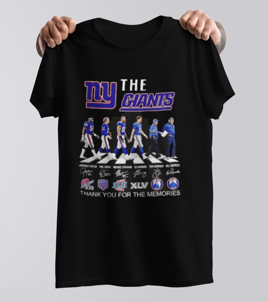 New York Giants Legends Lawrence Taylor Phil Simms Michael Strahan Eli Manning Tom Coughlin Bill Parcells Thank You For The Memories T-Shirt