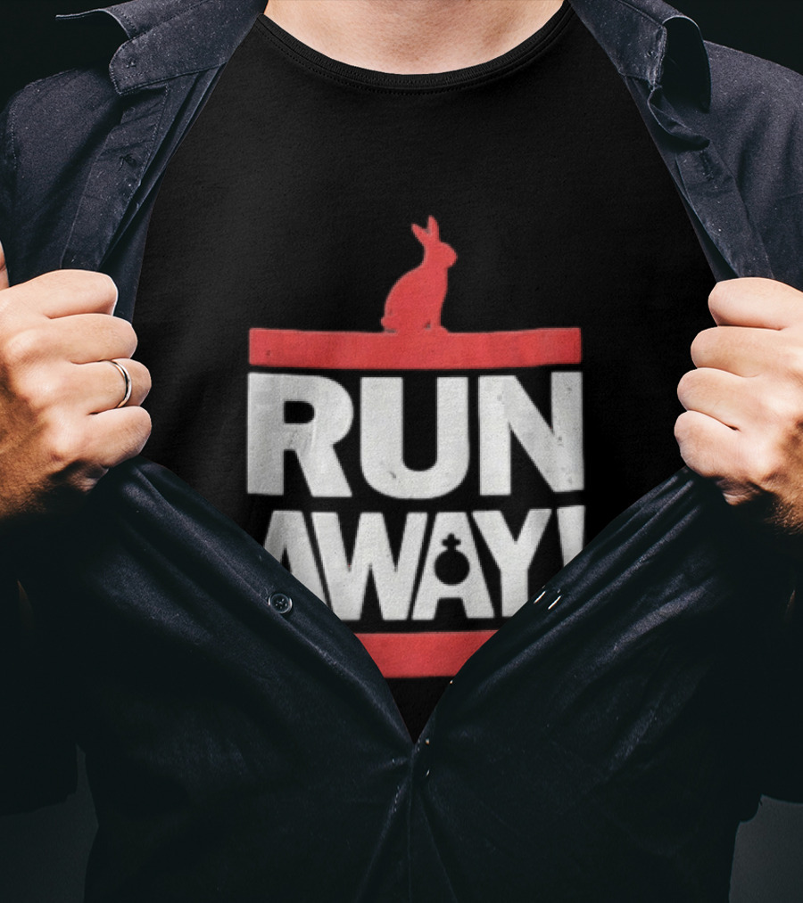 RUN AWAY Rabbit Bold Text And Red Accents T-Shirt