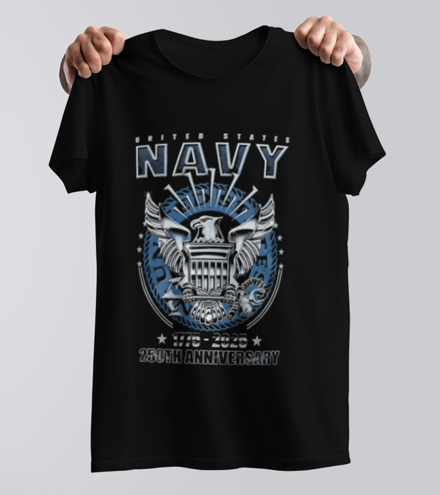 United States Navy 1775 2025 250th Anniversary Silver Eagle Holding Shield T-Shirt