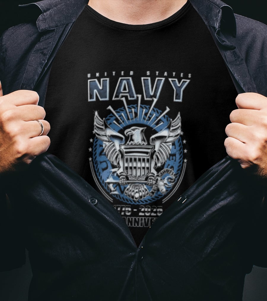 United States Navy 1775 2025 250th Anniversary Silver Eagle Holding Shield T-Shirt