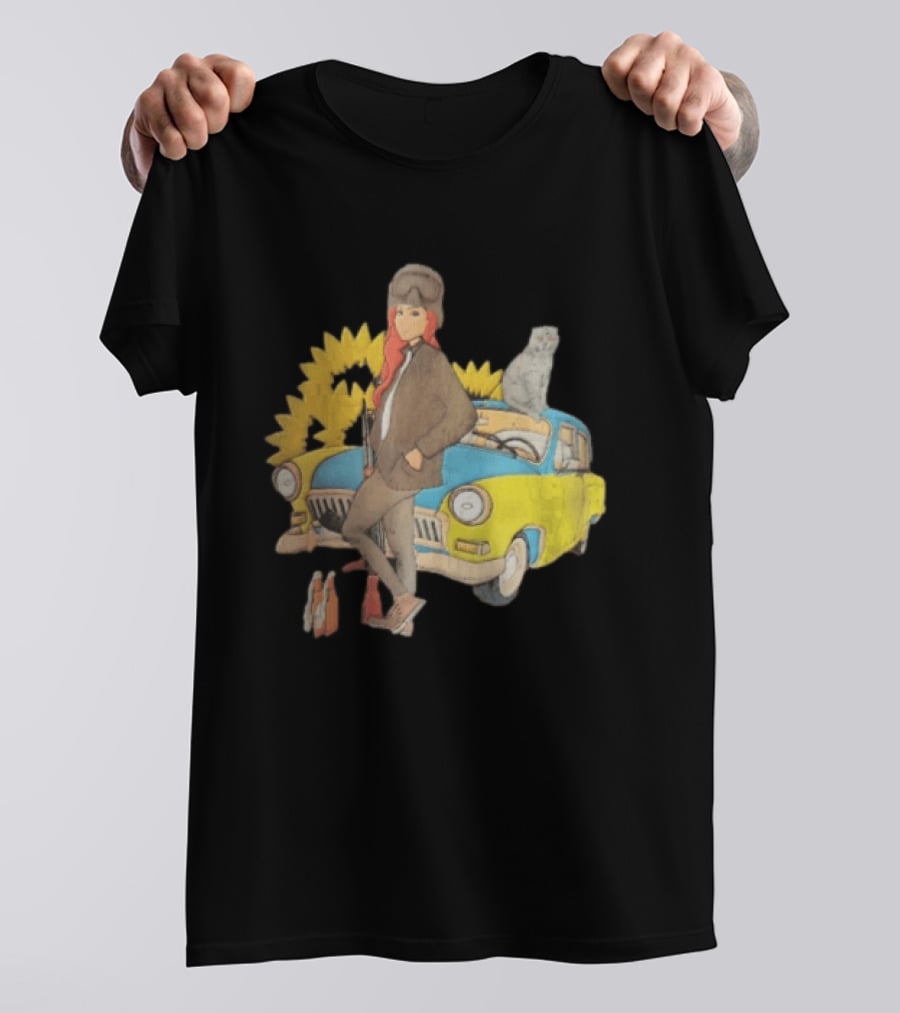 Woman Soldier With Cat On Vintage Car And Sunflowers T-Shirt