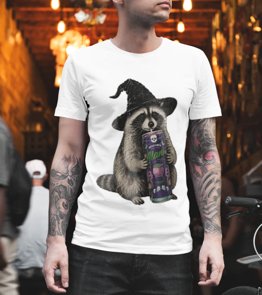 Alani Witches Brew Raccoon Witch Hat Can Holding T-Shirt