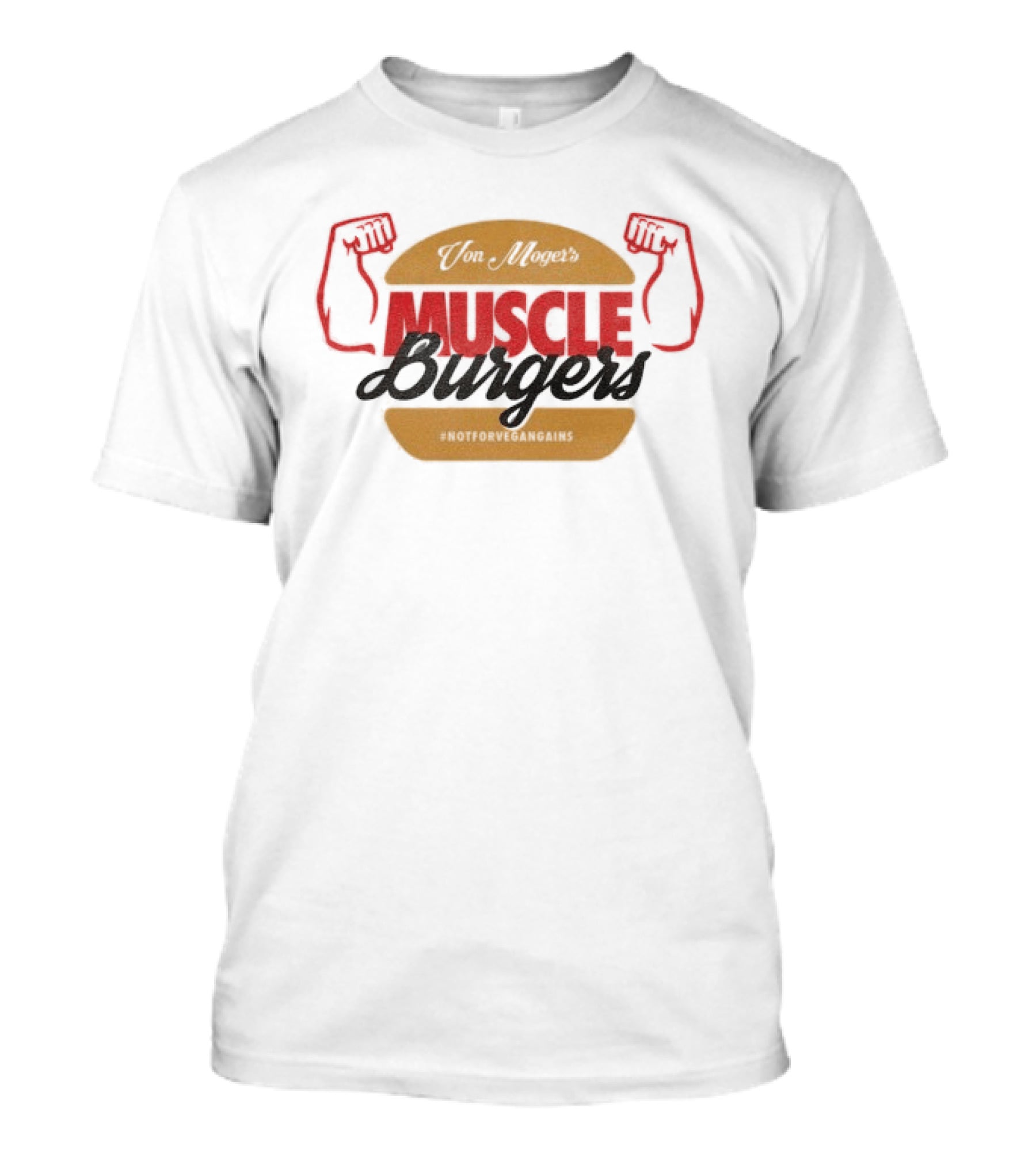 Calum Von Moger Muscle Burgers Flexing Arms Brown And Red Burger T-Shirt