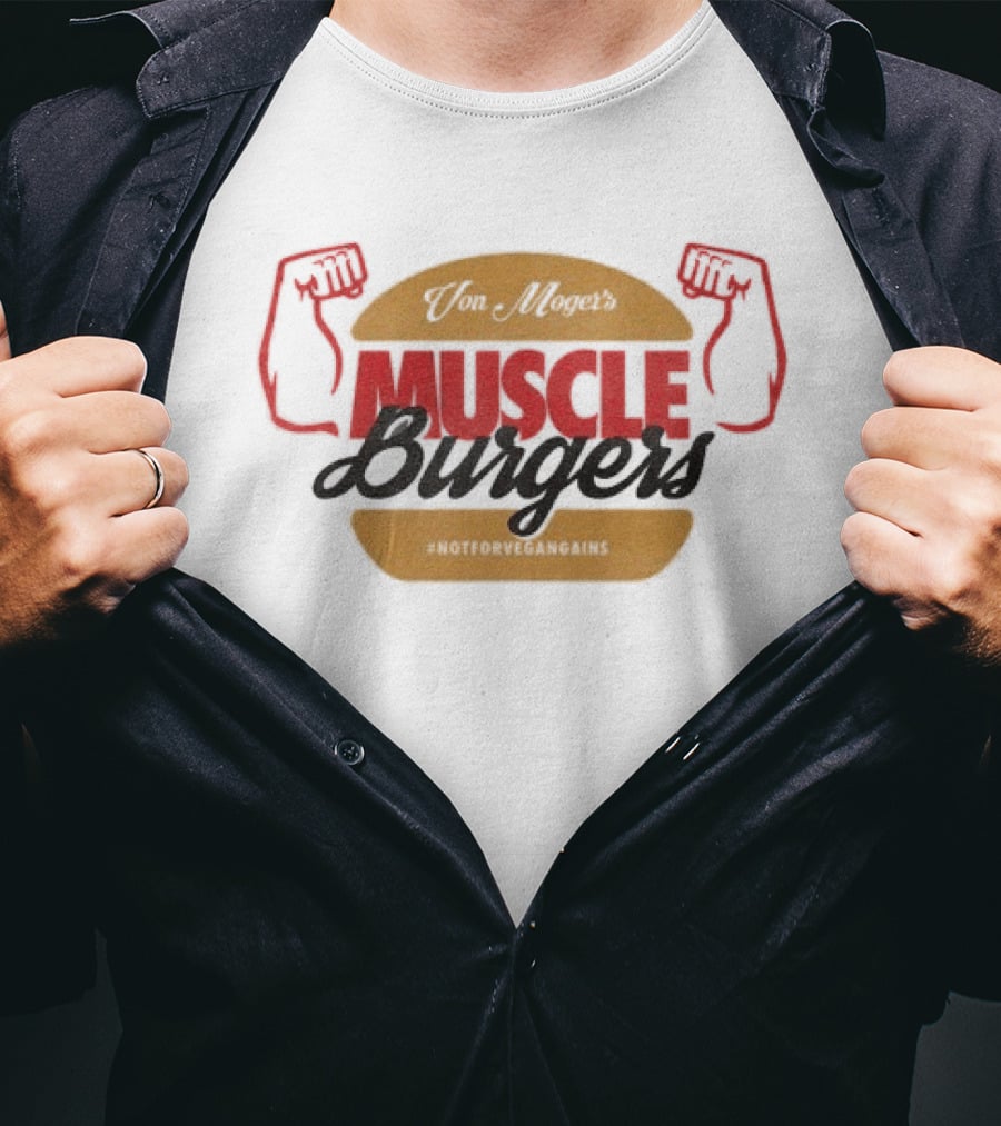Calum Von Moger Muscle Burgers Flexing Arms Brown And Red Burger T-Shirt