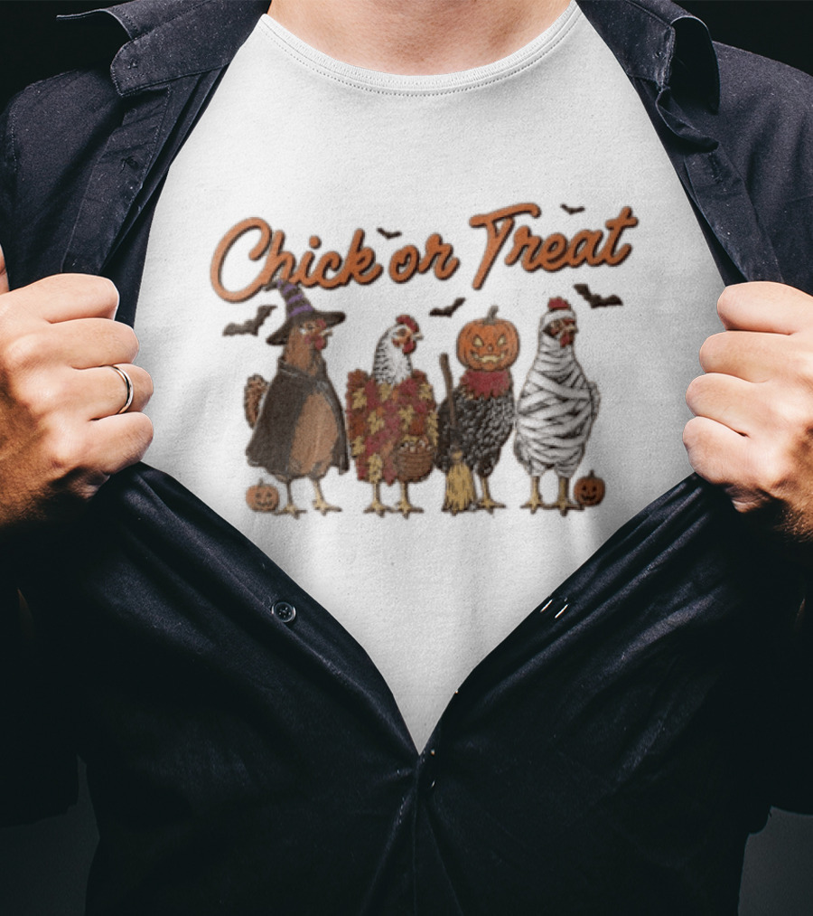 Chick Or Treat Halloween Chickens In Witch Mummy Pumpkin Costumes With Autumn Leaves And Bats T-Shirt