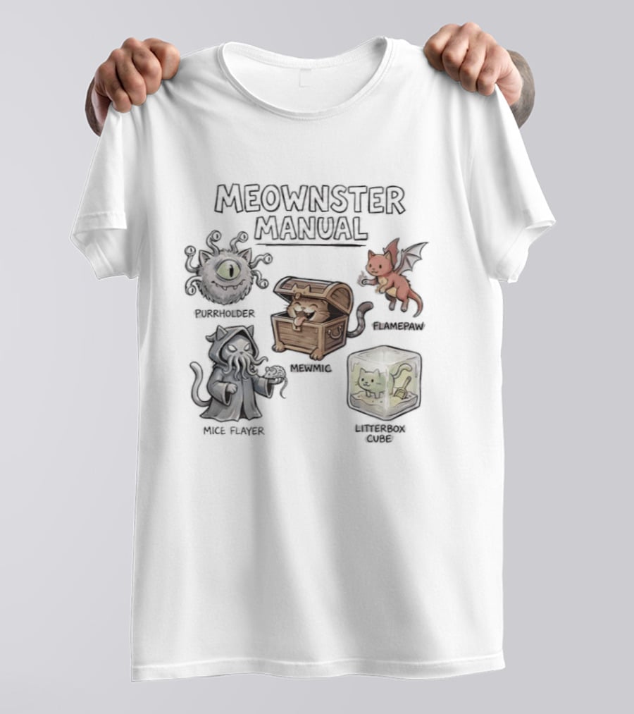 Meownster Manual Beholder Cat Cattack Mimic Abomination Cube Dragon Kitten T-Shirt